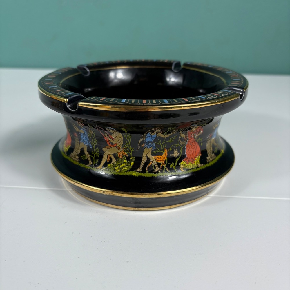Vintage Greek Mythology Ashtray‎ 24K Gold Trim Adis Greece Black Ceramic